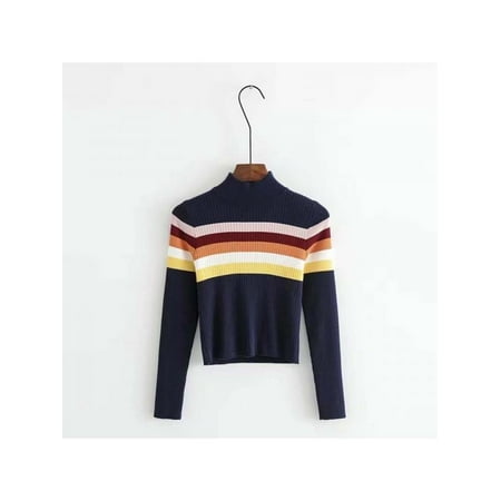 Topumt Women Colorful Striped Turtleneck Knit Bottoming Sweet Long Sleeve Sweater