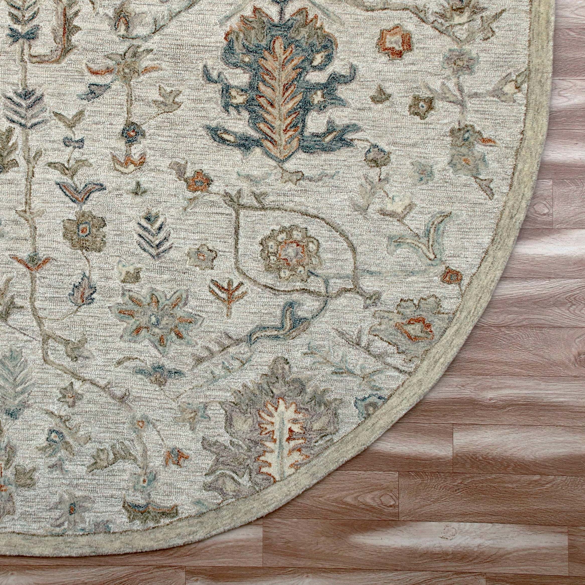 LR Home Viane Axle Cream/Taupe Vintage Floral Wool Round Rug, 8'6" Round