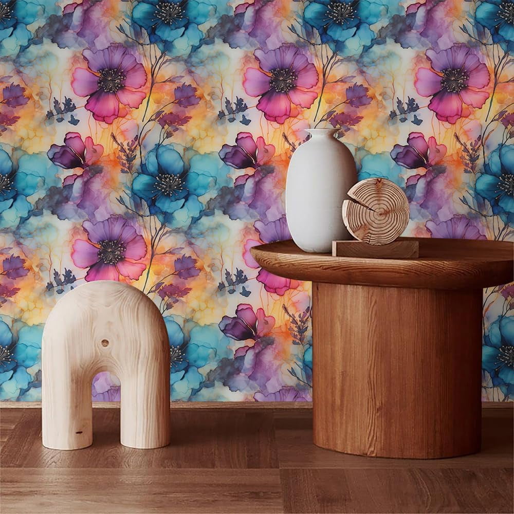 Pink Blue Watercolor Abstract Modern Flowers Peel and Stick Wallpaper Contact Paper Vintage Vinyl Stick on Wall Paper for Bedroom Bathroom Kitchen Cabinet Renter Friendly