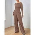 thumbnail image 4 of Women'S 2 Piece Matching Lounge Set Long Sleeve Boat Neck Top Wide Leg Pants Casual Sweatsuit Khaki XXL, 4 of 9