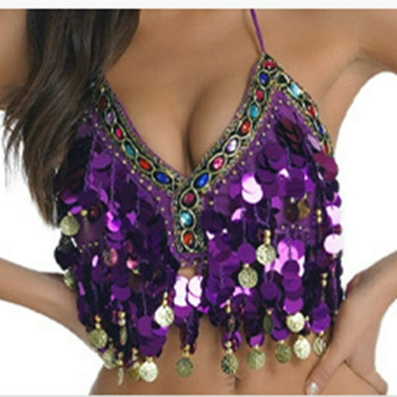 Miqool Women's Sparkly Sequin Cami Tops Sexy V-Neck Spaghetti Strap Halter Backless Club Party Glitter Crop Tops Rave Clubwear