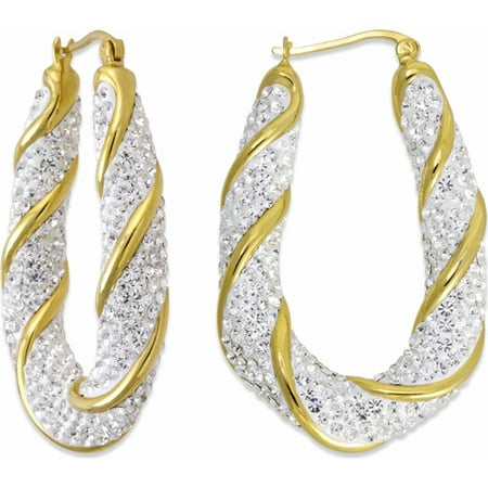 Clear Crystal 18kt Gold over Sterling Silver Wire Wrapped Oval Hoop Earrings