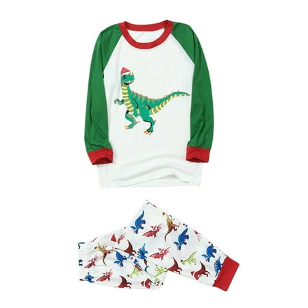 

Amuver Dinosaur Print Home Wear Parent-child Wear Round Collar Long Sleeve Suit Red and Black Plaid Trouser Family Pajamas Set