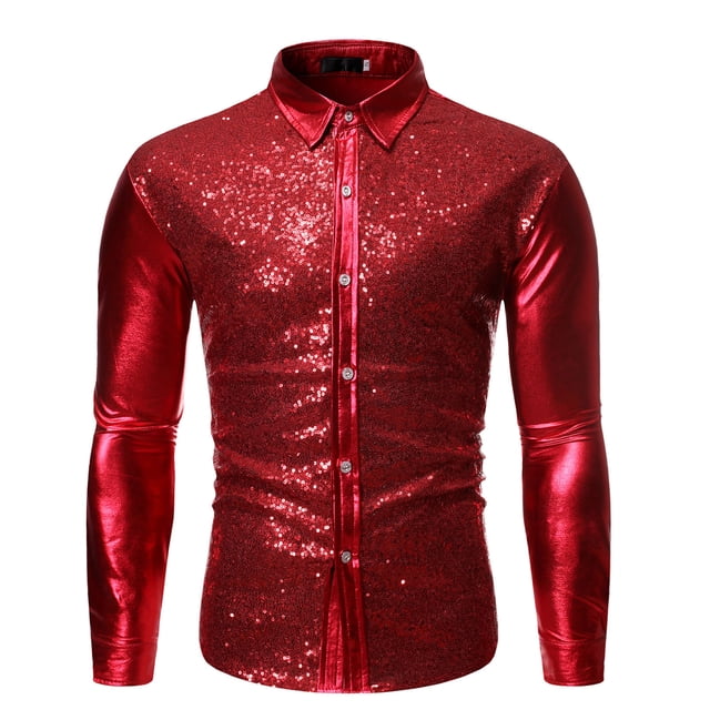Chemise de Danse Décontractée à Sequins Cool à Col Rabattu pour Hommes Automne