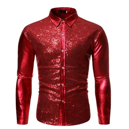 

Lyinloo Men Autumn Lapel Cool Sequined Casual Hot Stamping Process Dance Shirt