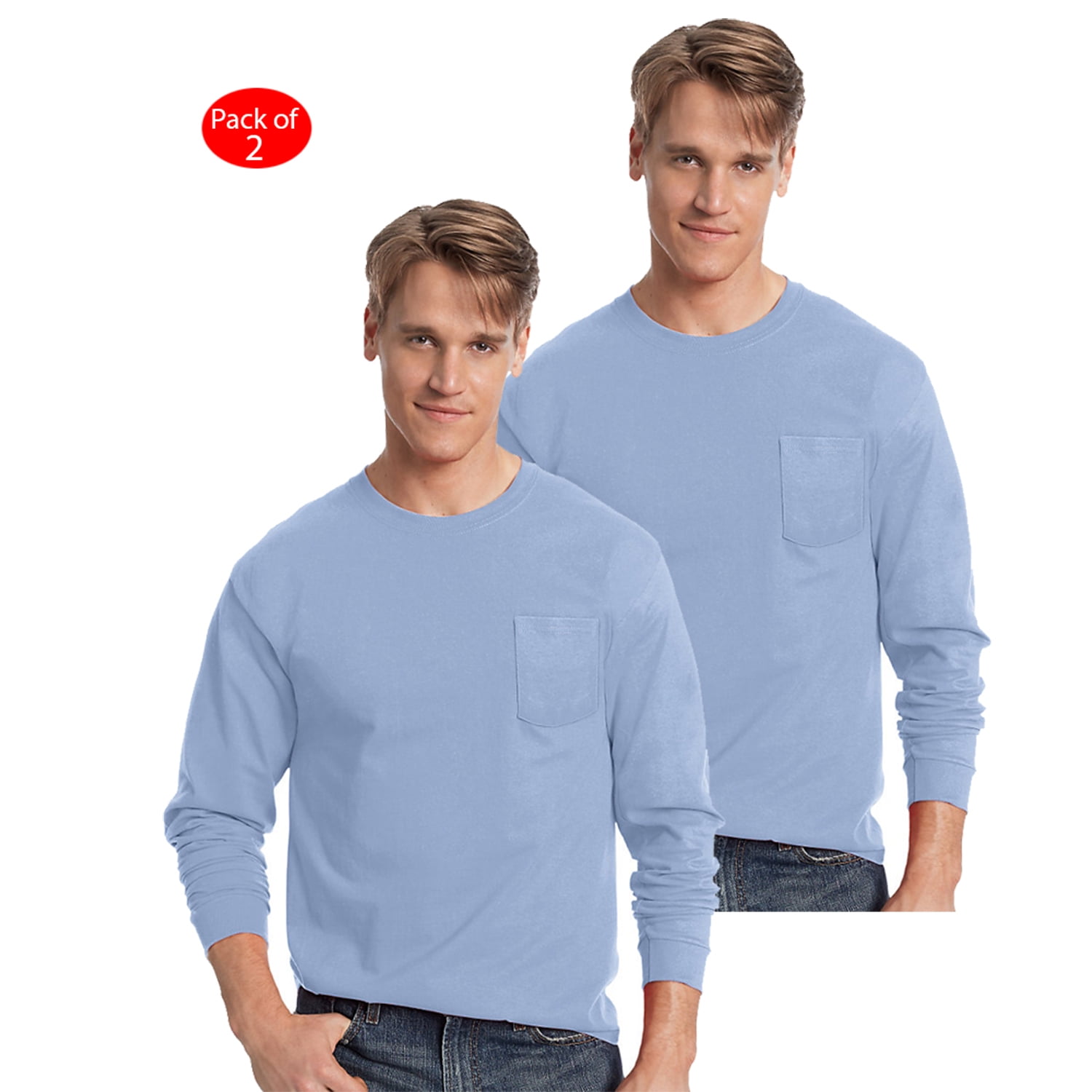 Hanes Men's TAGLESS; LongSleeve TShirt with Pocket, Color Light Blue