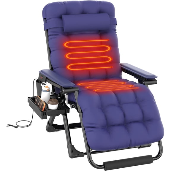 Oswerpon XL Heated Zero Gravity Chair, Oversized Lounge Chair With Cushion, 3 Heat Levels, Patio Recliner With Armrests & Footrest, Pillow, Big Cup Holder, Blue(NO Battery)