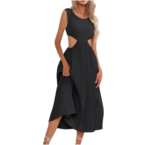Timegard Womens Summer Dresses Round Neck Cutout Sleeveless Lightweight Casual Pleated Long Dresses