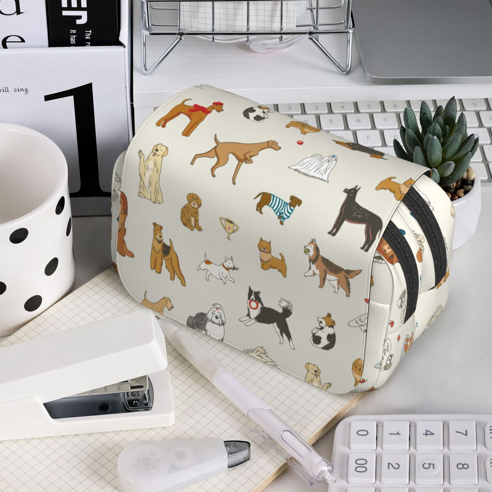 Rateoe Dogs Funny Pets Pattern Double Clamshell Pen Case, Storage Organizer with Two Zipper Compartments– Holds Up to 50 Pencils & Pens