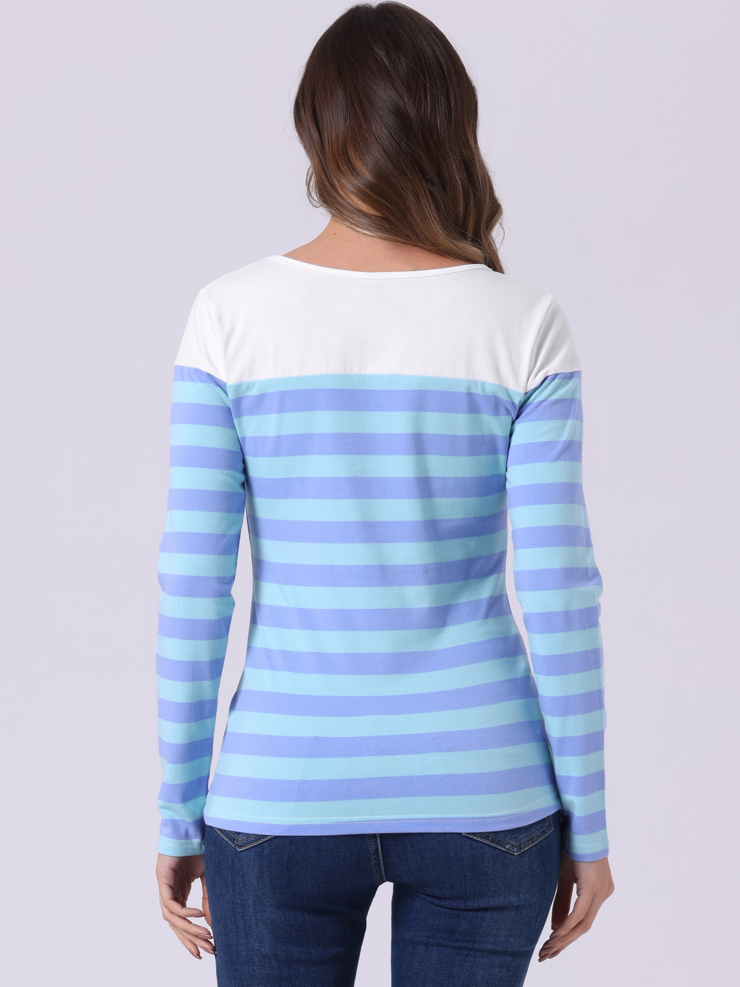 DARING DIVA Women's Color Block Striped Knit Top Long Sleeves T-Shirt L Dark Light Blue