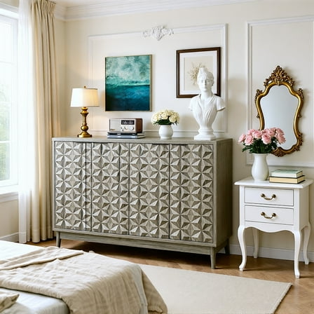 Modern Geometric Pattern 4-Door Gray Nightstand with 3D Carved Panels, Wood Accent Cabinet