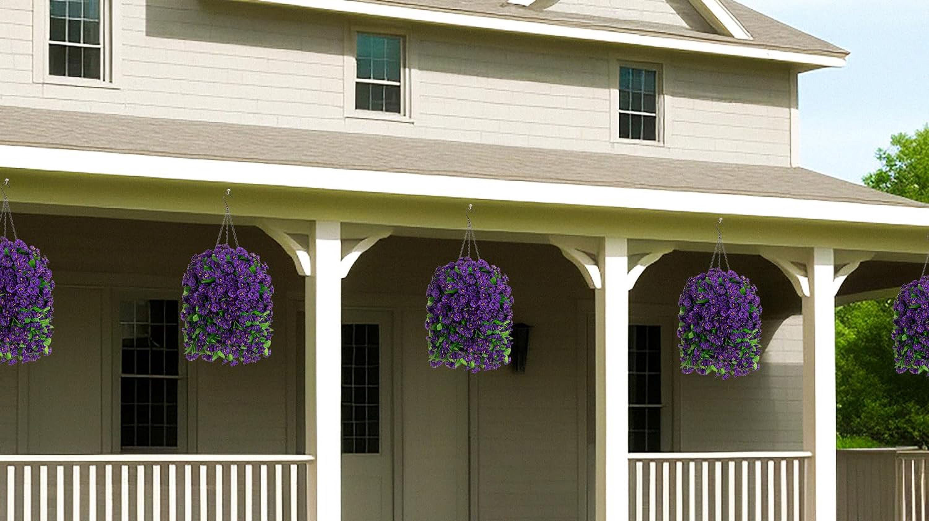 Artificial Faux Hanging Flowers Basket for Spring Outdoor Porch Decoration, Fake Silk Colorful Morning Glory Eucalyptus in Planter UV Resistant Look Real for Home Balcony Yard(Red Purple)