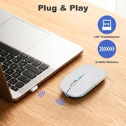 SANPTENT LED Wireless Mouse, Slim Rechargeable Silent Mouse, 2.4G Portable USB Optical Computer Mice with USB Receiver - White