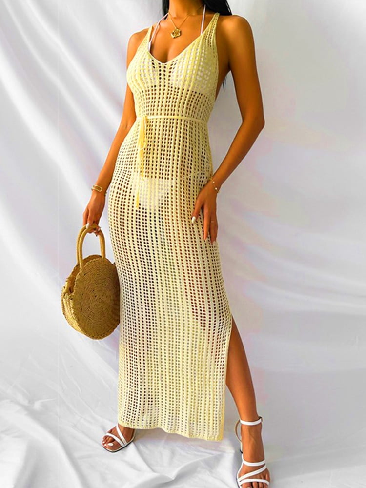 Crochet Knitted Kaftan Sexy Backless Hollow Out Robe Long Beach Dress