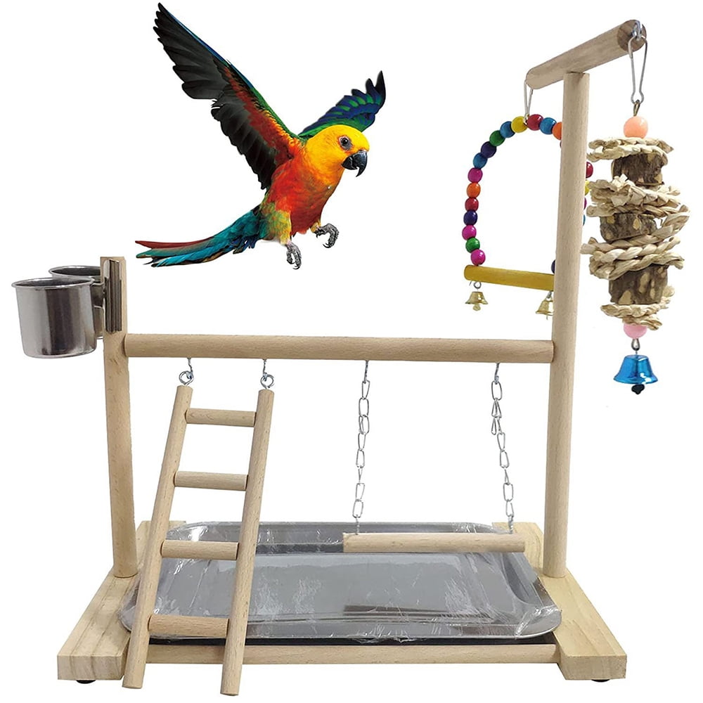 Xirurus Natural Wood Bird Playground Parrot Playstand with Feeder Cups Ladder Versatile Swing Toys for Parakeet Conure Cockatiel Cage Accessories Model 2