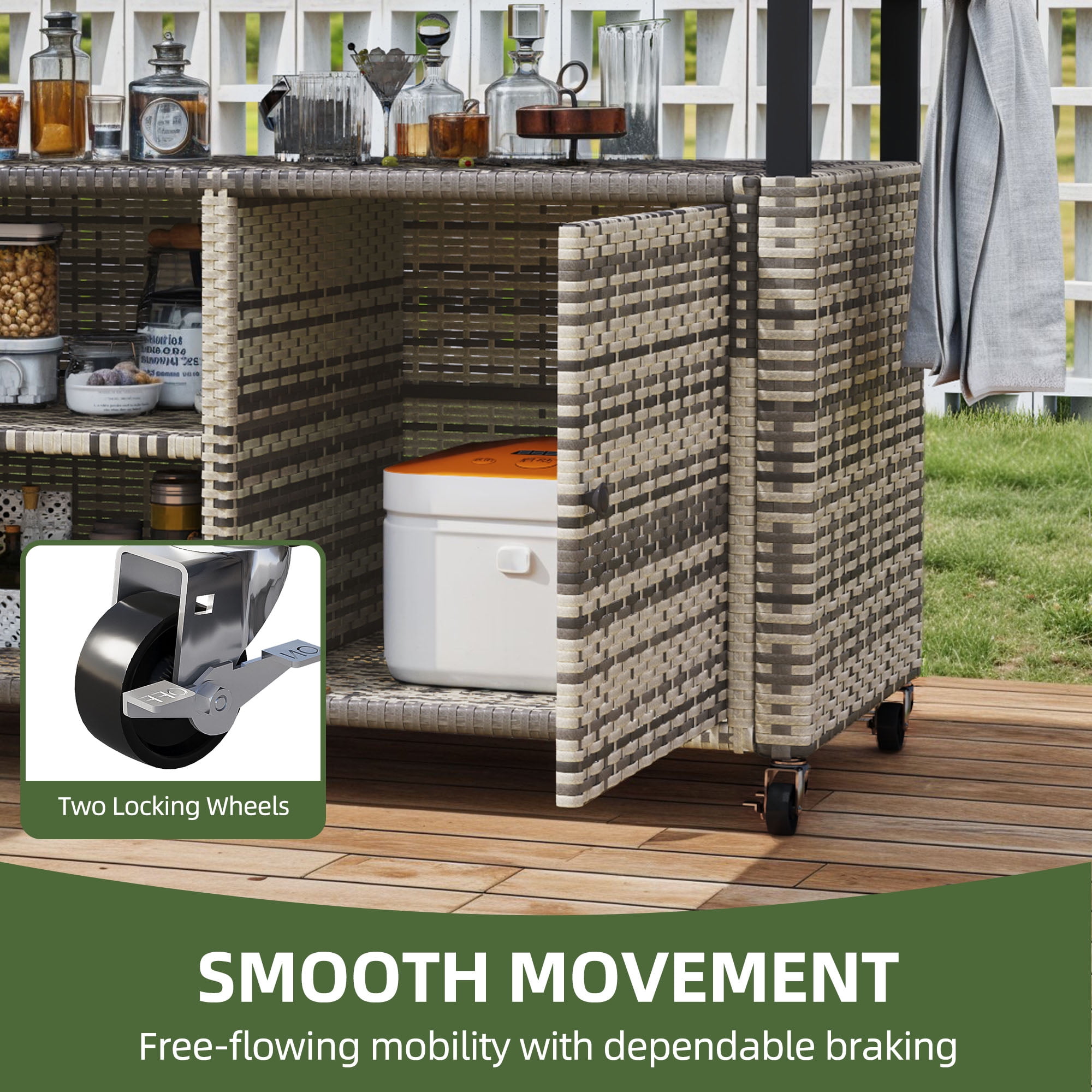 Uforic XL Gray Outdoor Storage Cabinet with Grill Cart, Wheels & Black Glass Table Top for Patio Kitchen