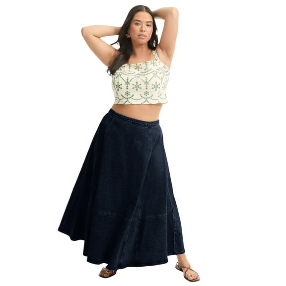 June   Vie Women's Plus Size Fit-And-Flare Denim Midi Skirt