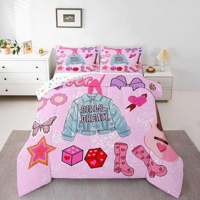 Erosebridal Ensemble de Couette Simple Musique Guitare, Couette en Duvet Papillon Nœud, Ensembles de Literie Simple Princesse de Rêve avec Couette, Décoration de Chambre Dessin Animé Légère, Réversible, 3 Pcs