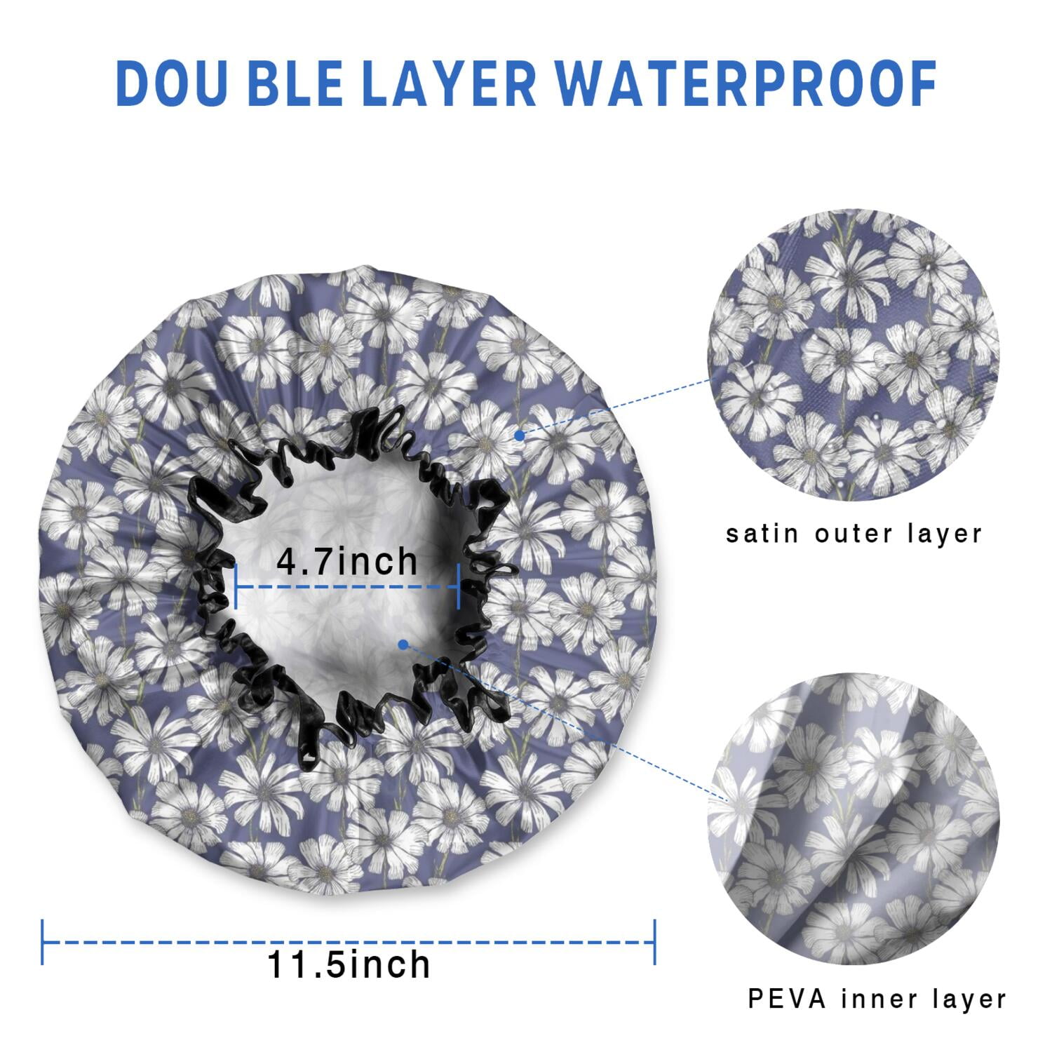 Shower Caps,Blue Daisy Flower Floral Pattern Waterproof Shower Cap for Women 4 Pieces,Double Reusable Hair Cover for Shower PEVA Elastic Stretch Hem