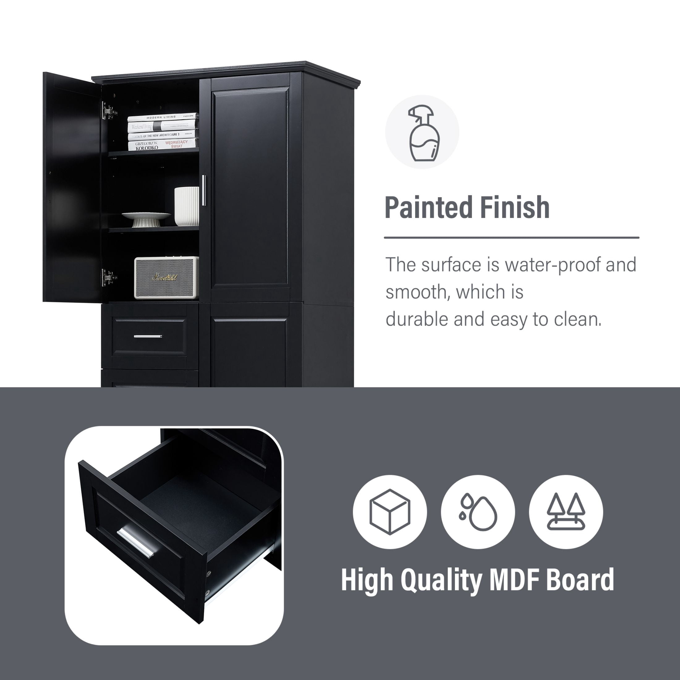 DEALTOPS Tall Storage Cabinet with Spacious Storage and Adjustable Shelves for Bathroom, Living Room, Black