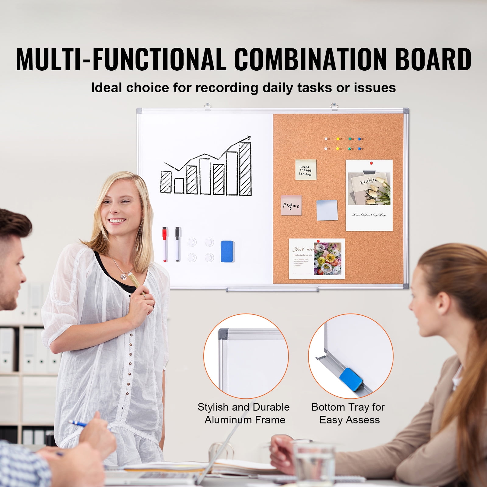 KFFKFF 36"x 24" Dual Cork Board with Aluminum Border, White Board with Magnetic Wipe Clean, Cork Bulletin Board for Wall Installation – Perfect for Educational Institutions, Residences, Workplaces