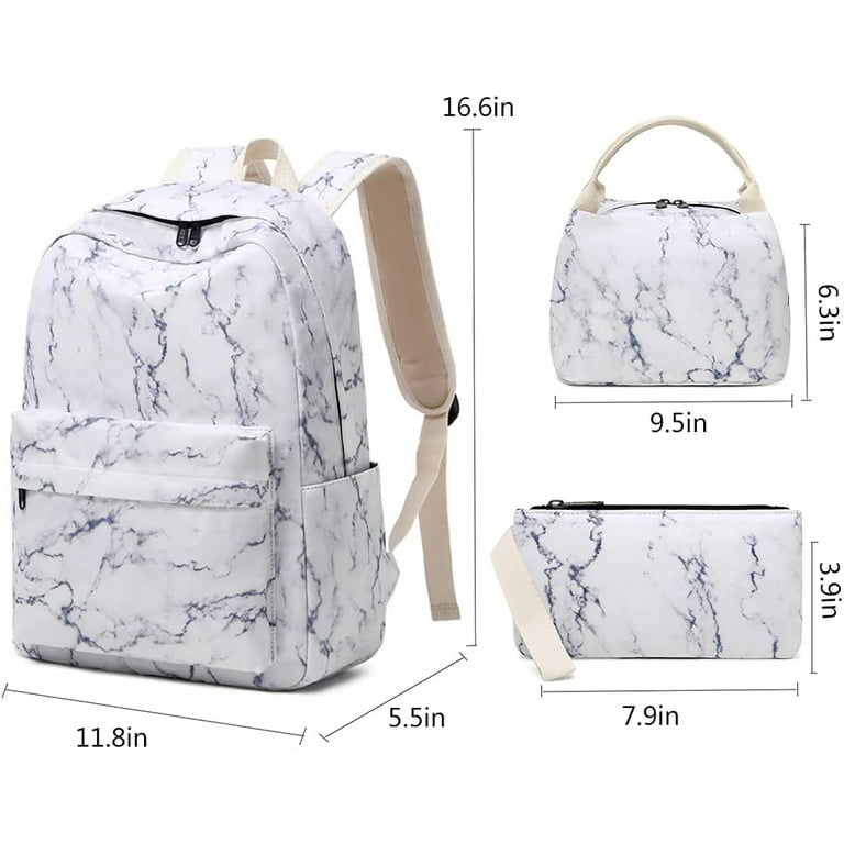 Waterproof Large Capacity Fashion School Backpack Kids Teen Girls Bookbag  Set with Lunch Box Pencil Case Travel Laptop Backpack(Marble) 