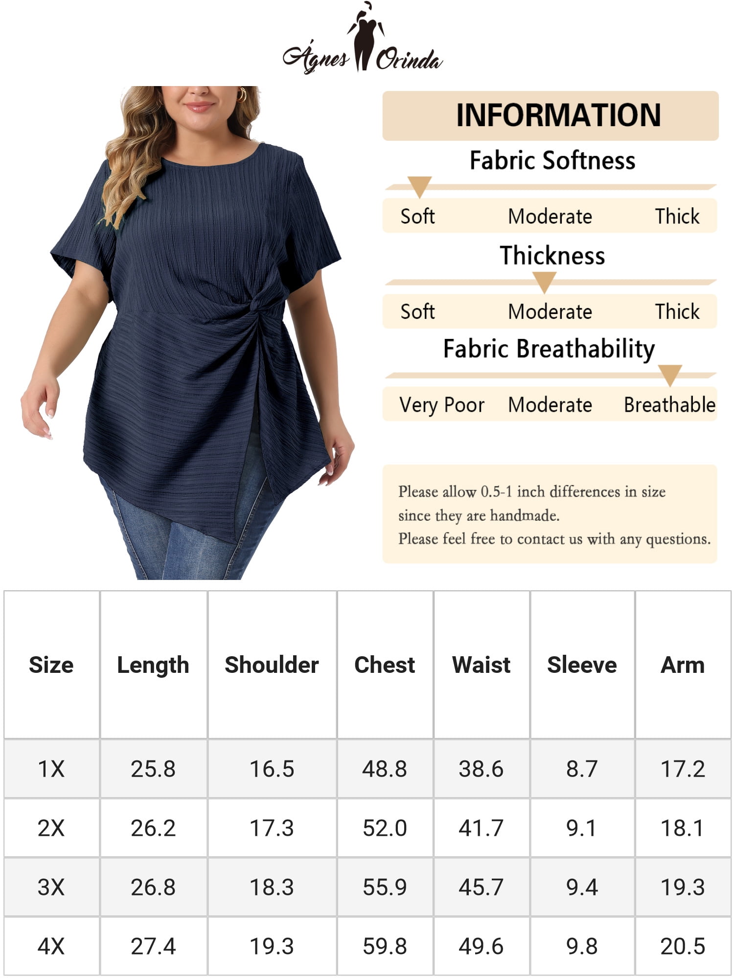 Unique Bargains Women Plus Size Asymmetrical Hem Round Neck Short Sleeve Twist Knot Top 4X Navy Blue