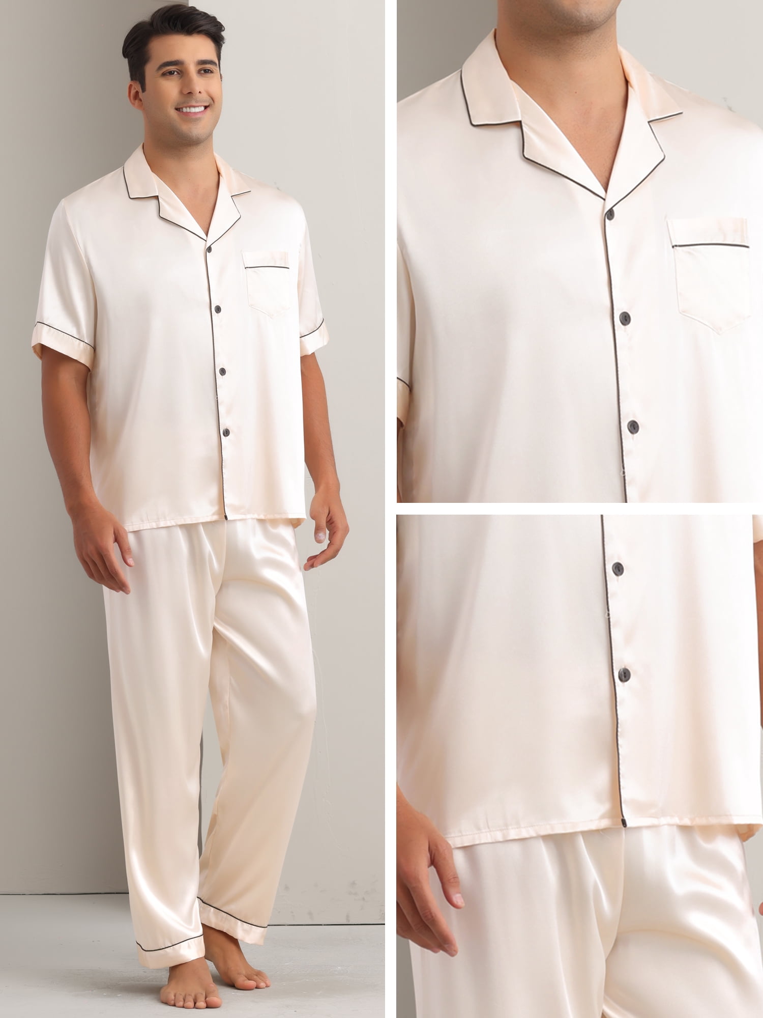 DARING DIVA Men's 2-Piece Pajama Set Button Down Short Sleeve Shirt Pants S Champagne