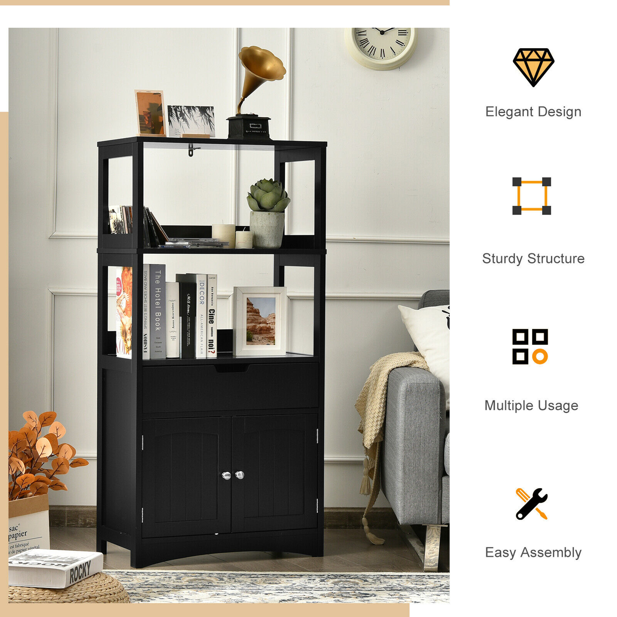 Gymax Bathroom Storage Cabinet Shelf Cupboard Floor Cabinet w/Drawer Black