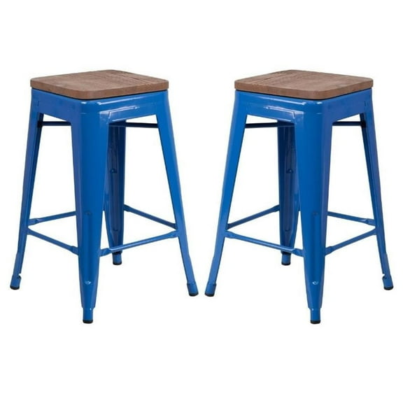 Home Square 24" Backless Metal Counter Stool in Blue - Set of 2