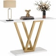 thumbnail image 5 of Kadyn Console Table, Entryway Table, Side Table, Display Table,43” Modern Gold Console Table, Narrow Entryway Table with V-Leg Metal Frame, White & Gold, 5 of 8