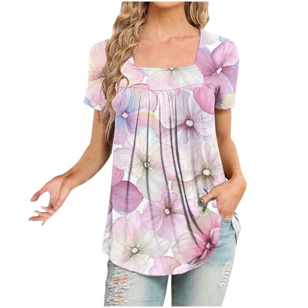 Fiudx Ofertas Flash Del Día Solo En Línea Mujer Moda Casual Manga Corta Suelta Camiseta Blusa Tops