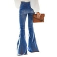 thumbnail image 2 of Women's Elastic Waist Flared Jeans Destroyed Raw Hem Bell Bottom Jeans Flare Denim Pants, Blue, Medium, 2 of 5