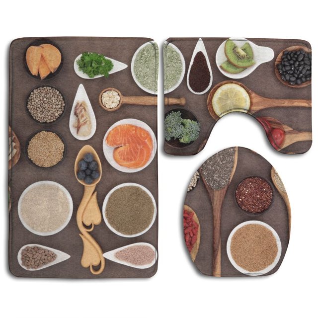 ABPHQTO Culturismo Súper Selección de alimentos saludables Suplemento en polvo Cuencos Cucharas Juego de alfombras de baño de 3 piezas Alfombra de baño Alfombra de contorno y tapa de inodoro ABPHQTO Cont-CHAPPLE-36935