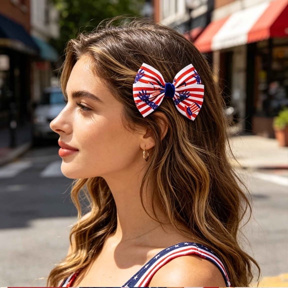 QuanTara Independence Day Bow Hair Clip – Patriotic Red White Blue Star & Flag Hair Accessory for 4th of July Parties & Everyday Wear