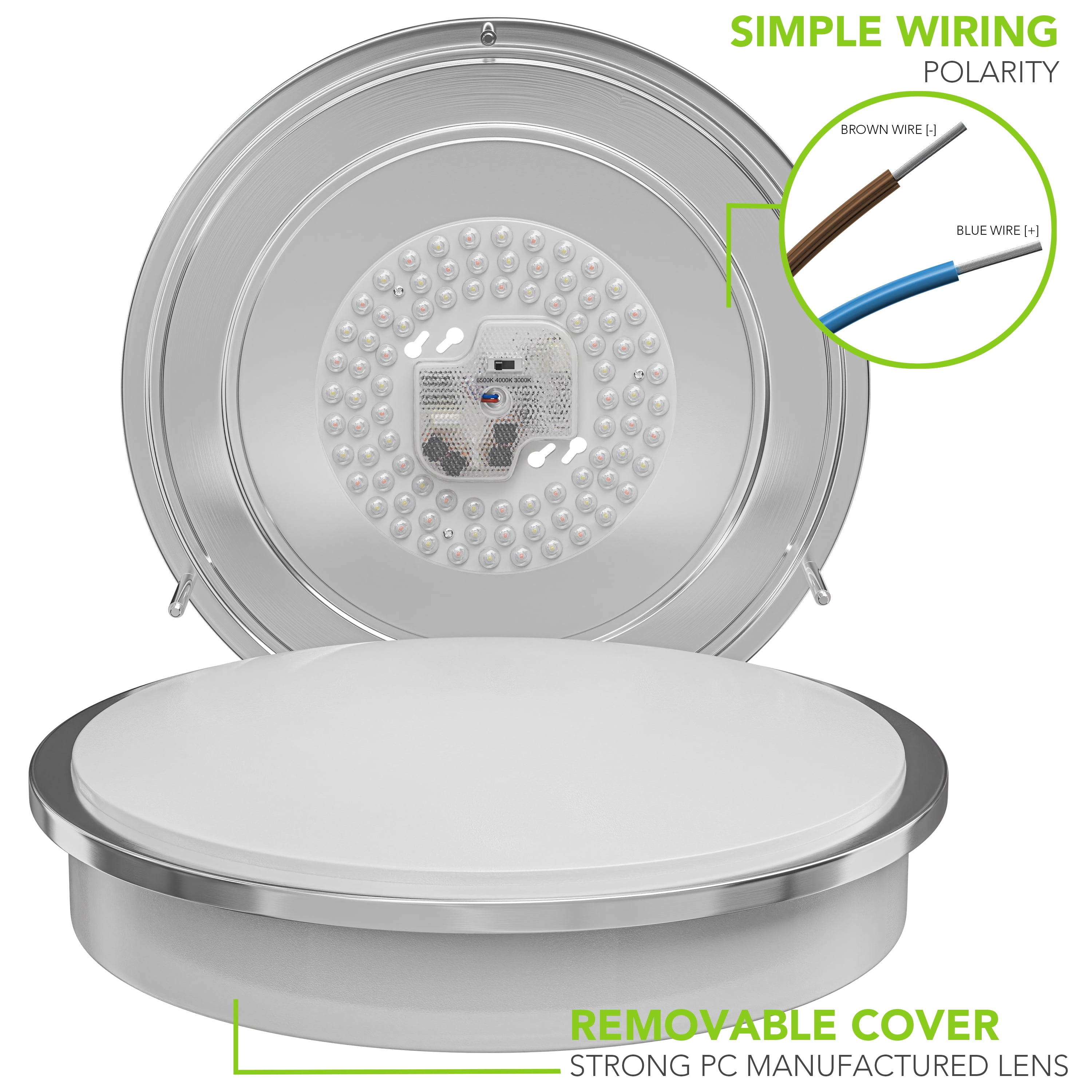 Leisure LED Brushed Nickel Ceiling Light 14 inch Flush Mount Adjustable Light Color (3000K/4000K/6500K) Surface Mount Ceiling Lamp for RV, Trailer, Camper, Boat DC 12V 28W