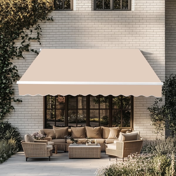 10x8FT Retractable Patio Awning – Khaki Polyester Canopy, Adjustable Slope 40°-90°, Steel-Aluminum Frame – for Decks, Patios & Commercial Shading