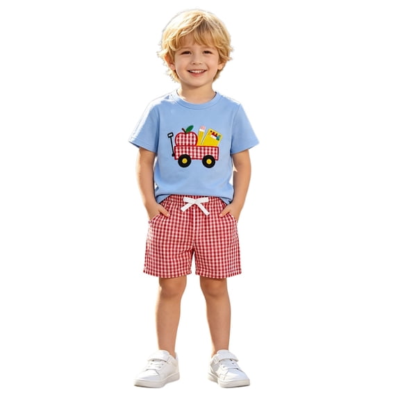 Kids Toddler Boys' Clothing Sets Cartoon Apple Pencil T-Shirt and Plaid Shorts Set Short Sleeve for Summer Back to School Clothes Sets Outfits