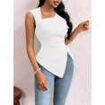 thumbnail image 4 of Womens Asymmetric Neck Slim Fit Cropped Solid Color Tshirt Elegant Basic Top Casual Chic Tee Cream White L, 4 of 9