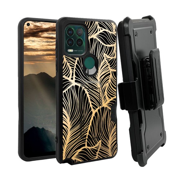 ANJ  Rugged Shockproof Holster Case w/Card Slot, Kickstand   Tempered Glass for Motorola Moto G Stylus 5G - Golden Leaves