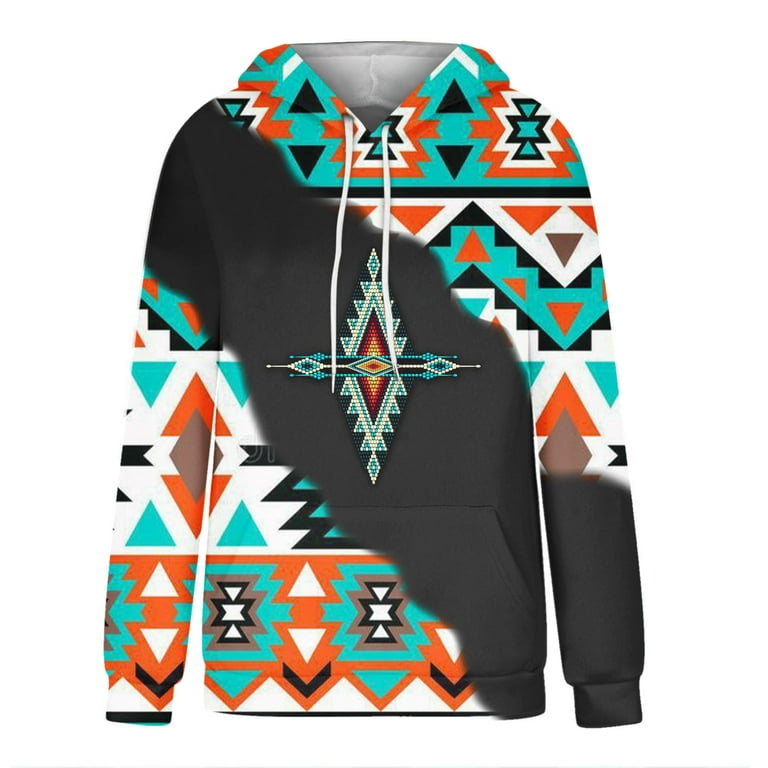 CYMMPU Girls' Ethnic Western Printed Geometric Graphic Tops Holiday Tops  Ladies Drawstring Hooded Pullover Clothing Trendy Blouses Casual  Sweatshirts Long Sleeve Shirts Green XXL 