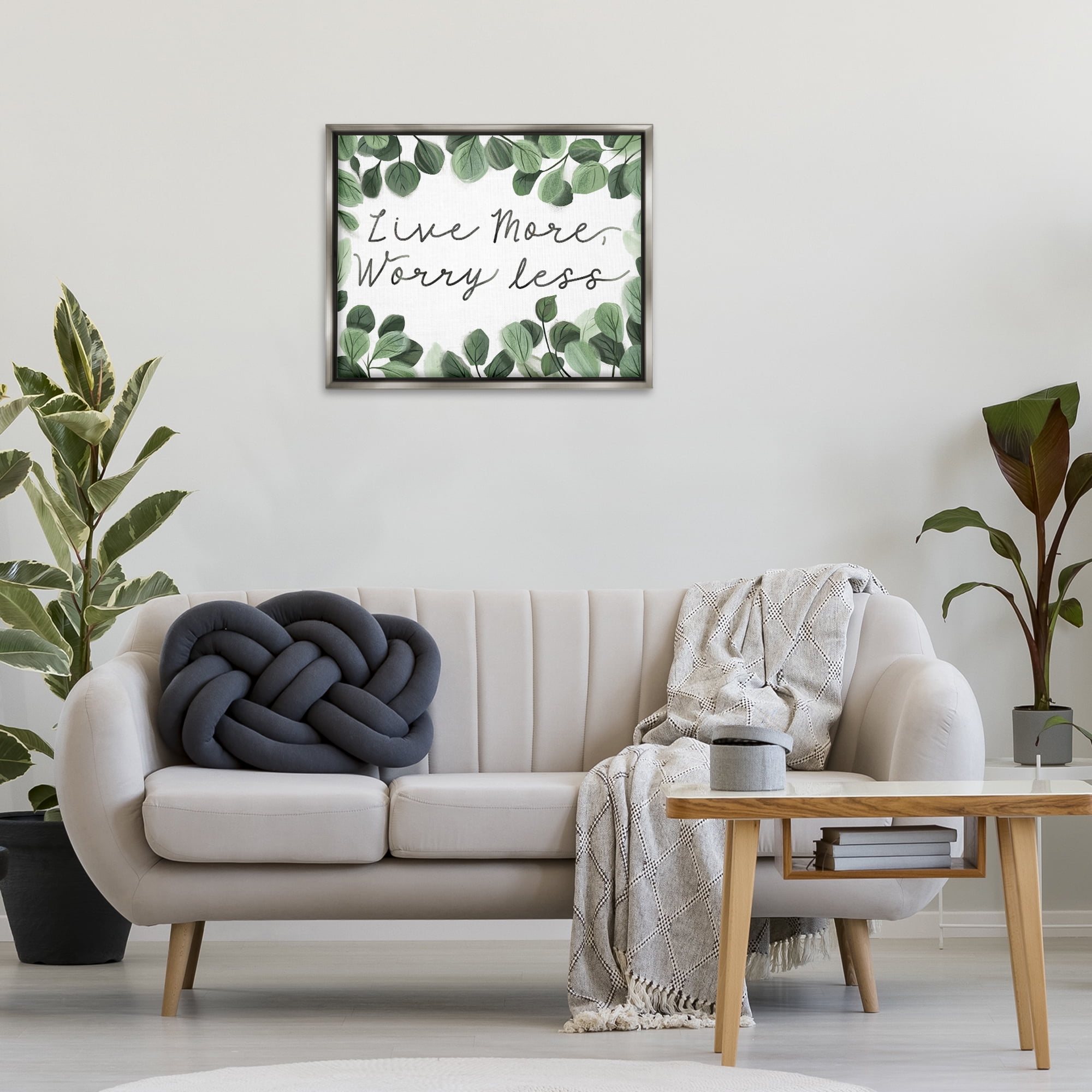 Stupell Industries Love More Worry Less Plants & Flowers Painting Gray Floater Framed Canvas Art Print Wall Art, 31 x 25