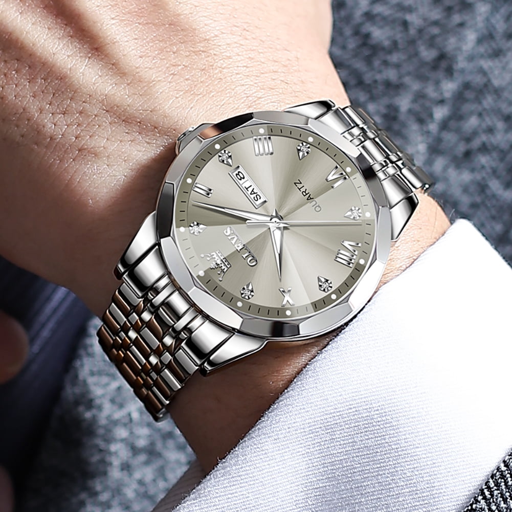 OLEVS Watch for Men Diamond Business Dress Analog Quartz Stainless Steel Waterproof Luminous Date Two Tone Luxury Casual Wrist Watch