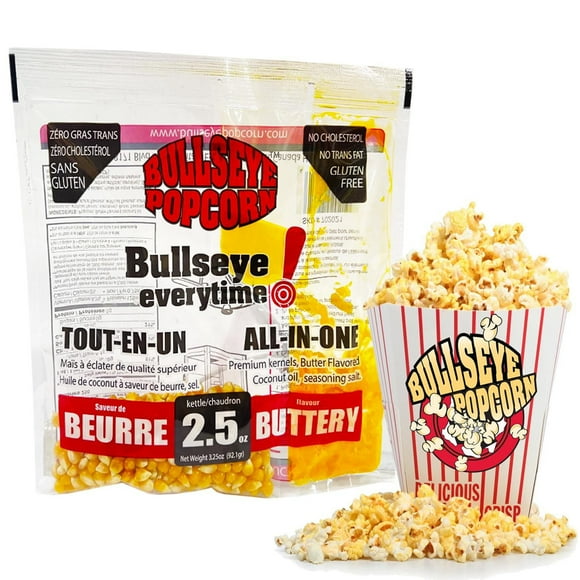 Bullseye Popcorn Sachet de popcorn tout-en-un au goût de beurre comme au cinéma 2,5 oz / 92,1 grammes