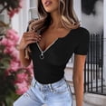 thumbnail image 7 of Fengqque Women's Knitted Rib T Shirt Half Zip V Neck Short Sleeve Casual Summer Slim Fit Top Black M(M), 7 of 7