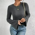 thumbnail image 4 of Lenpel Women's T-Shirts Bell Long Sleeve Crew Neck Ruffle Trim Slim Ribbed Knit Tops Brushed Fleece Tee Blouses(Dark Gray,Medium), 4 of 7