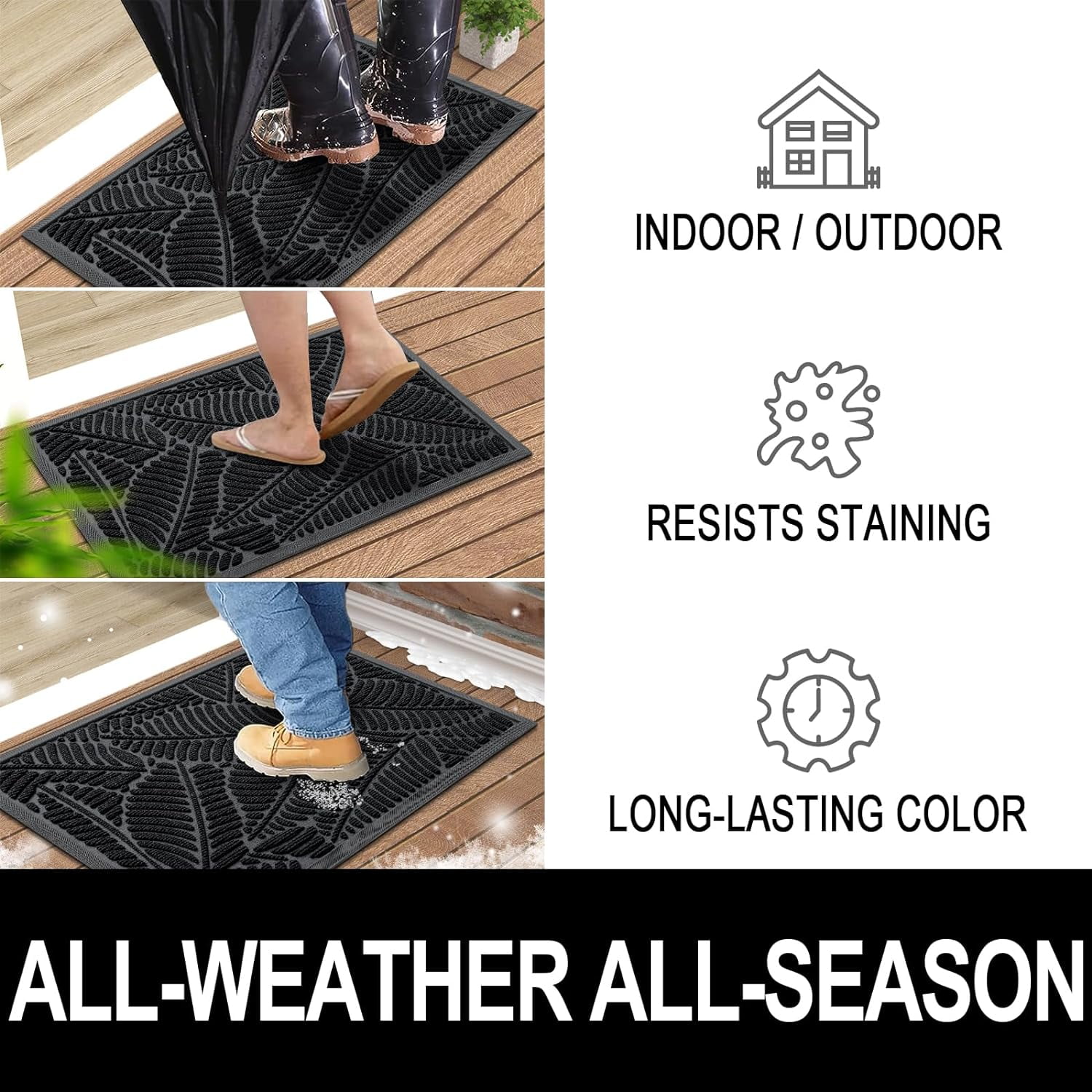 Waterproof Doormat, Sturdy Natural Rubber Front Indoor Mat, Non Slip Low Profile Outdoor Door Mats, Stain and Fade Resistant Floor Easy Clean Patio Entrance 30''x17'', Black