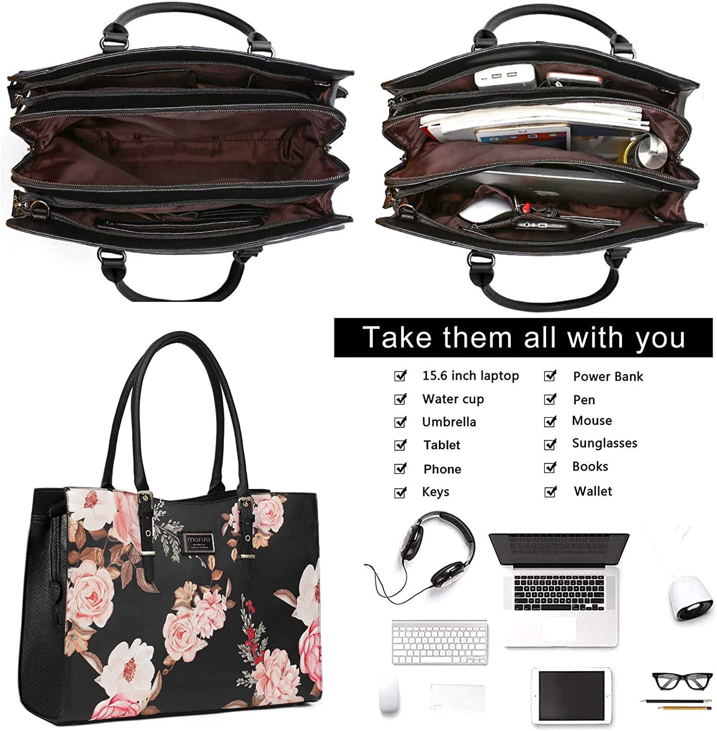 MOSISO 17.3 inch Laptop Tote Bag PU Leather Peony Briefcase with Adjustable Handle