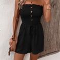thumbnail image 5 of Valcatch Women's Casual Off Shoulder Solid Color Shirred Strapless Belted Wide Leg Short Jumpsuit Romper 2024, 5 of 7