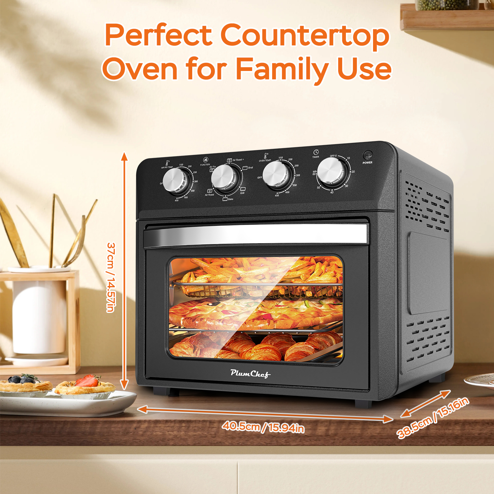 Plum Chef 27.5QT Air Fryer Toaster Oven Combo, 6-in-1 Countertop Convection Oven with Air Fry, Bake, Broil, Toast, Warm & Dehydrate, Includes Tray & Rack, Family Size, Stainless Steel Door, Black